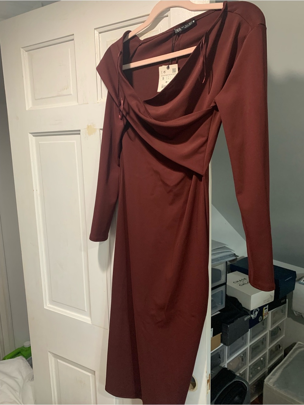 Zara Cowl Neck Long Sleeve Midi Dress in Burgundy